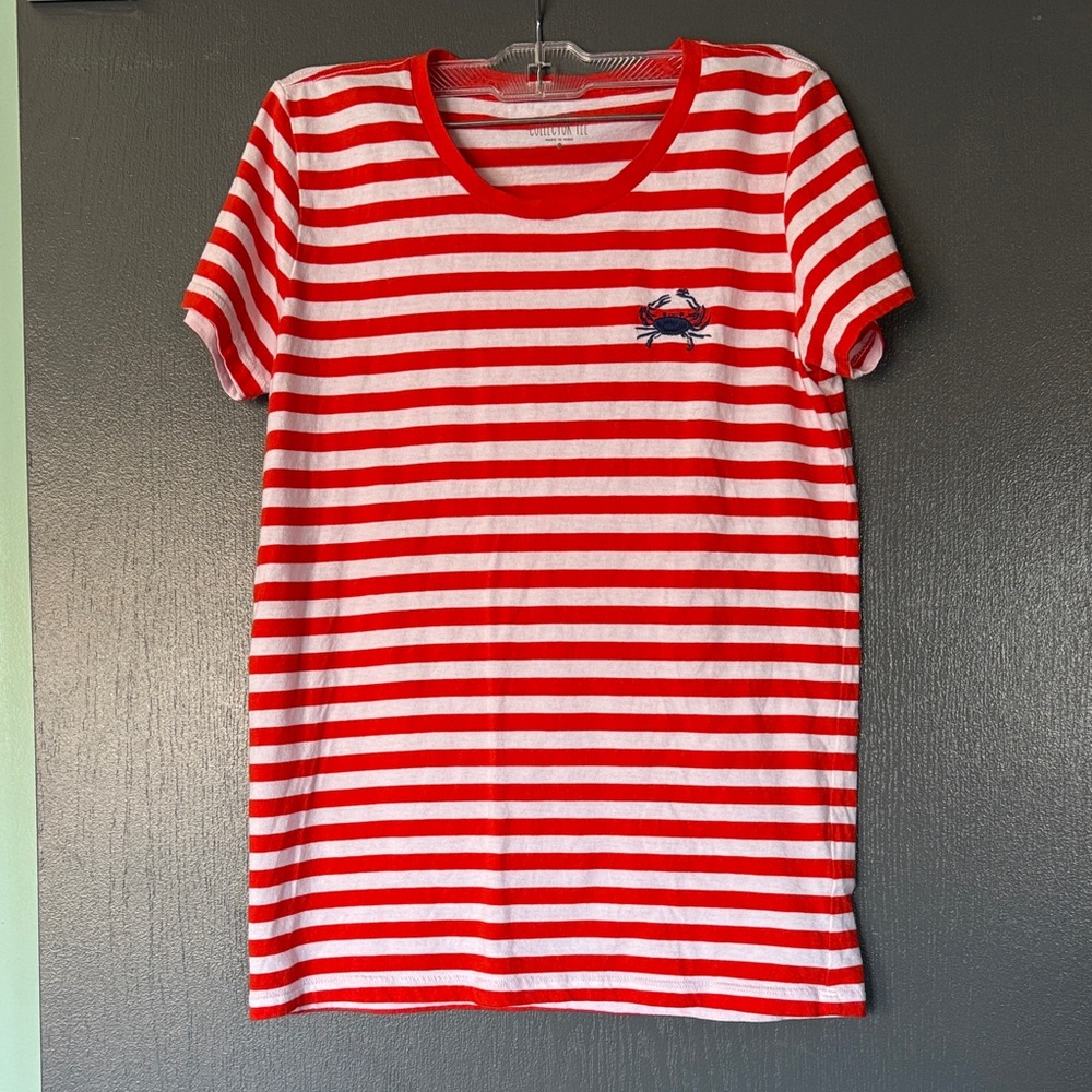 J. Crew Women’s Red and White Striped Collectors Tee with crab